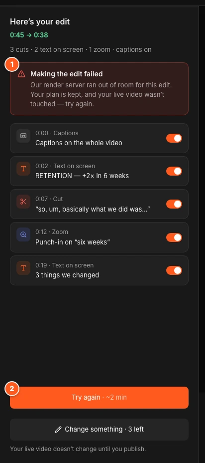The Check step with a red notice. Marker 1 points to the Making the edit failed notice, marker 2 to the Try again button.