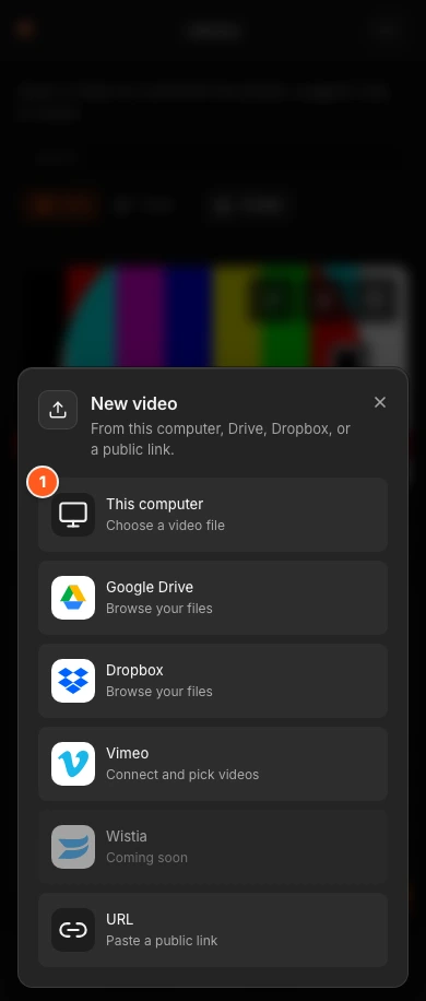 The New video dialog on a phone. Marker 1 points to the This computer card.