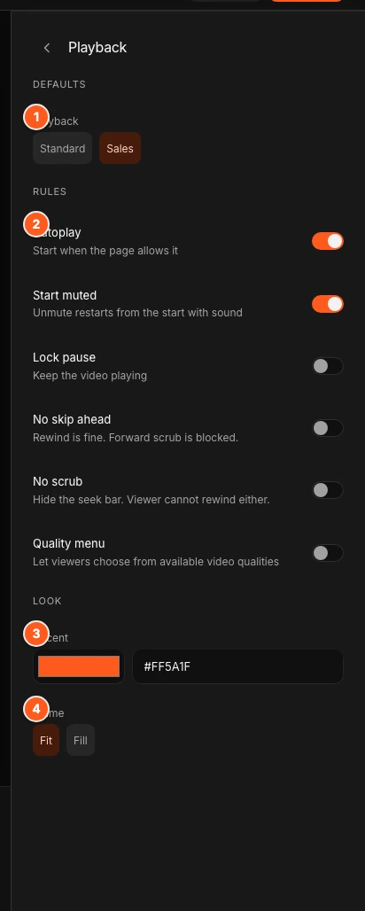 The Playback panel. Marker 1 points to the Standard and Sales preset buttons, marker 2 to the Rules switches, marker 3 to the Accent colour, marker 4 to the Frame buttons Fit and Fill.