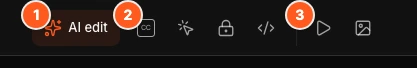 The tool dock in the top bar. Marker 1 points to the AI edit button, marker 2 to the Captions, CTA, Playgate and HTML reveal group, marker 3 to the Playback and Thumbnail group.